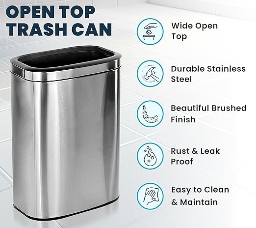 Alpine Stainless Steel Open Top Trash Can 10.5 Gallon - 40L Garbage Can for Kitchen, Bathroom, Office & More with Removable Bin, Brushed Nickel Finish, Space-Saving Slim Modern Design