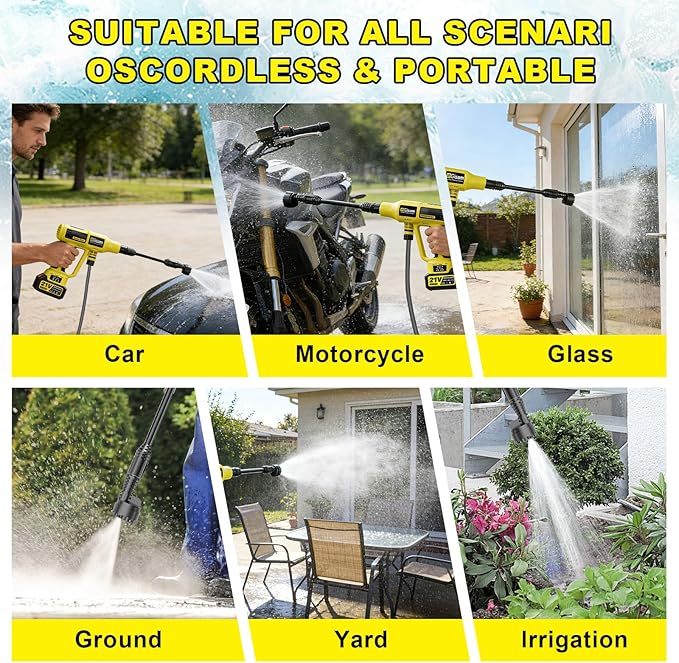 Cordless Pressure Washer, 2200W Brushless Motor, 4 Speed Modes, Max Pressure 1400PSI, 2 x 4.0 Ah Batteries, 6-in-1 Swivel Nozzle, Cleaning Brush, 16.4FT Hose, Cleaning and Garden Irrigation