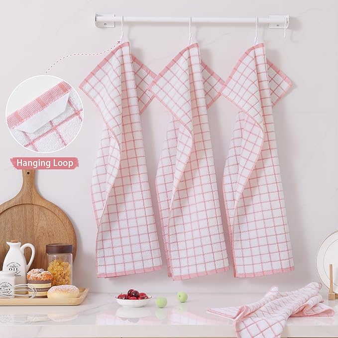 Homaxy Premium Kitchen Towels(16”x 28”, 6 Pack), Large Ring Spun Cotton Dish Towels, Super Absorbent Soft Terry Kitchen Hand Towels, Check Design Tea Towel Set with Hanging Loop, Pink
