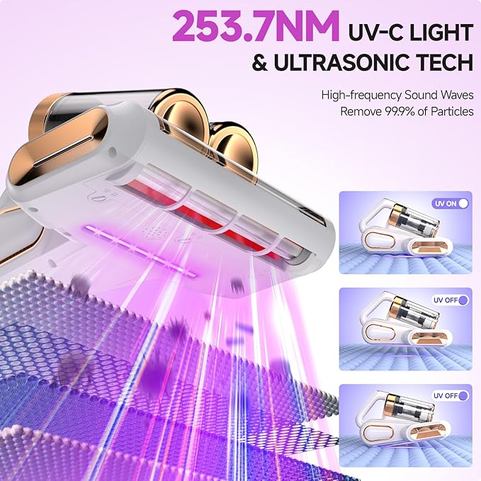 Mattress Vacuum Cleaner - 16Kpa Bed Vacuum with 253.7nm UV-C Light, 140°F Heat, Ultrasonic Tech & Hepa Filter, Portable Handheld Couch Cleaners for Pet Carpet Sofa Hair Home (White/G-Cordless)