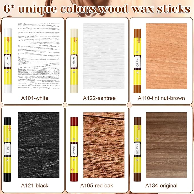 Sibba 9Pcs Wood Filler Sticks, 6 Color Wax Crayons for Scratches with Scraper, Gloves and Cloth, Wood Floor Repair Kit for Scratches, Cracks and Holes on Cabinets, Tables, Doors