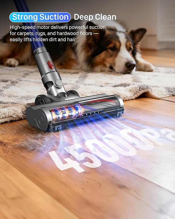 Cordless Vacuum Cleaner - Powerful Stick Vacuum with HEPA Filter, 55-Min Runtime, LED Light, Anti-Tangle Brush, Detachable Battery, Lightweight for Home, Pet Hair, Carpets & Hard Floors