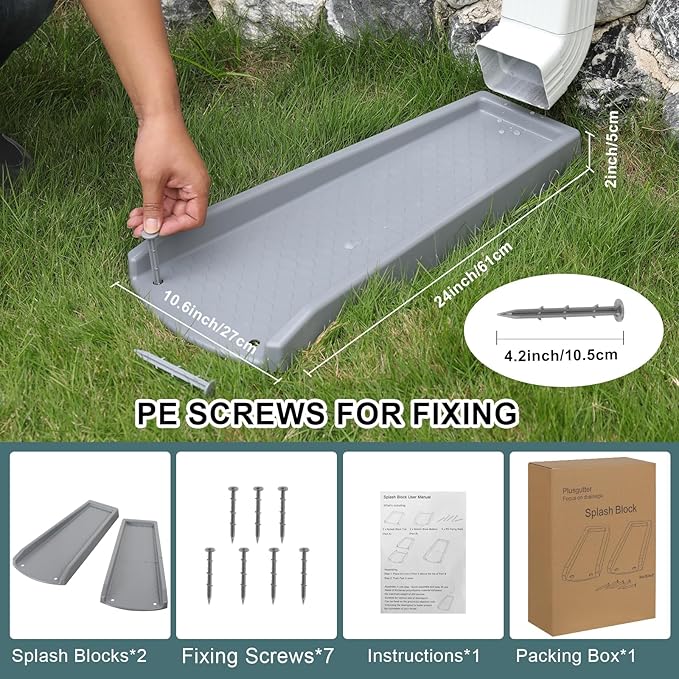 Rain Gutter Downspout Splash Block, Gutter Downspout Extensions for Water Drainage, 24" Gutter Splash Guards Downspout Extender, Fixable Down spout Drain Trays with PE Nails(3 Pack, Gray)