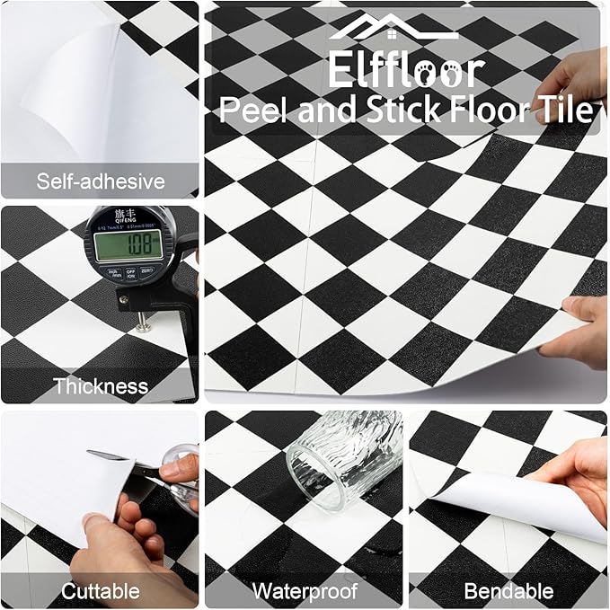Elffloor Peel and Stick Floor Tile: 10pc 11.8 * 11.8in Self-Adhesive Waterproof Vinyl Flooring Black and White Tiles Sticker for Bathroom, Kitchen, Bedroom, Living Room ﻿