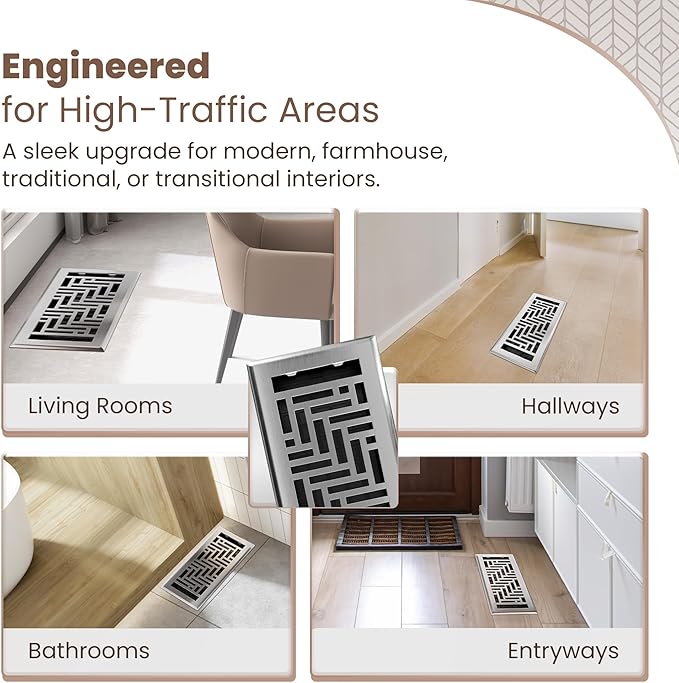 Floor Register 4x10 Vent Cover – 2 Pack – Heavy-Duty Steel, Rustproof & Walkable Grates, Drop-in Install, Adjustable Air Supply Switch - Decorative Herringbone Design, Brushed Nickel