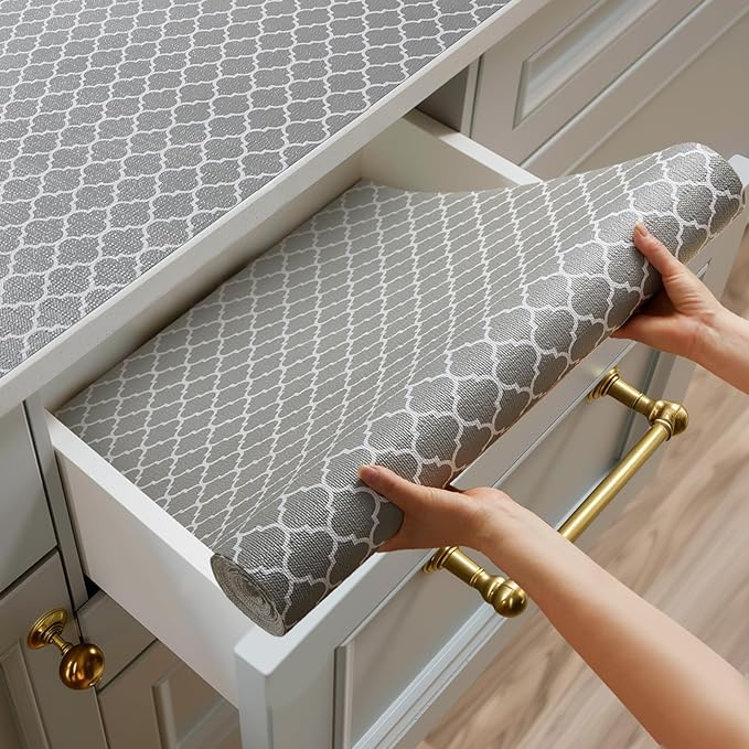 Shelf and Drawer Liner for Kitchen Cabinets Non-Adhesive, Strong Grip Non-Slip Thickened Cabinet Liners for Shelves, Waterproof Mats for Dresser Cupboard, Gray, 17 in x 30 Feet