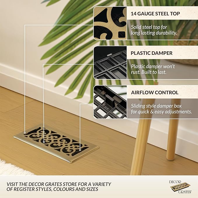 Decor Grates SPH610-A Scroll Design Floor Register, 6x10, Antique Brass Finish