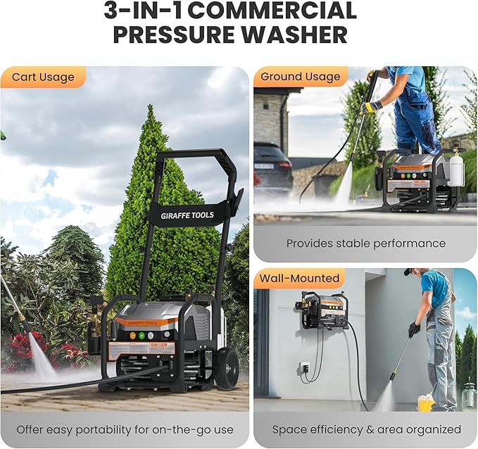Giraffe Tools Crossfalls Retractable Pressure Washer Ultra - Mount Versatility (Wall Mounted, Trolley & Freestanding), Electric Power Washer with 1000H All-Copper Pump, Brushless Motor