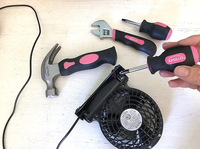 Apollo Tools 4 Piece Stubby Tool Set for Small Hands and Tight Spaces. Convenient, Compact Small Tool Set includes Mini Hammer, Mini Screwdriver Set, Mini Wrench - Pink Ribbon - Pink - DT0240P