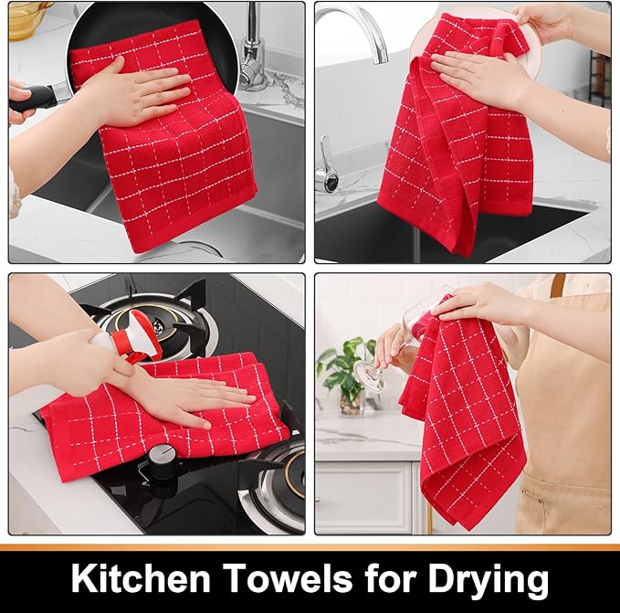 Mordimy 100% Cotton Terry Cloth Kitchen Towels, Super Soft and Absorbent Dish Towels for Drying, Checkered Designed Hand Towels for Kitchen, 16 x 26 Inches, 4 Pack, Red