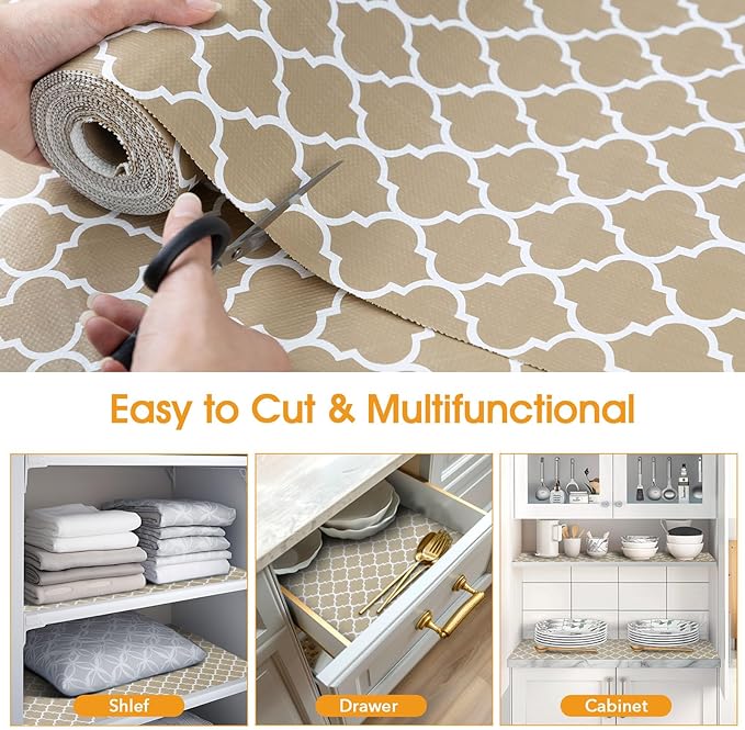 Shelf and Drawer Liner for Kitchen Cabinets Non-Adhesive, Strong Grip Non-Slip Thickened Cabinet Liners for Shelves, Waterproof Mats for Dresser Cupboard, Beige, 23 in x 10 Feet