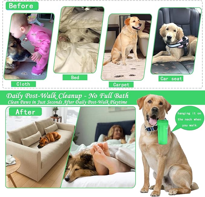 Dog Paw Cleaner Kit - Green, for L/XL Dogs, Quick Clean No Full Bath, 5-in-1 Bath Grooming Kit, Exclusive Cup-Mounted Brush Head, Grip Silicone Brush, 3 Absorbent Towels, Fits Lab