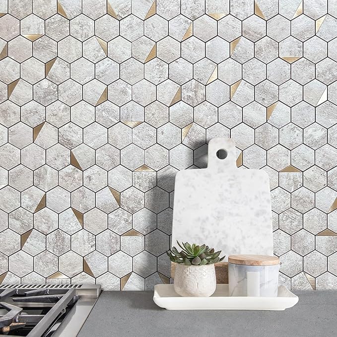 DICOFUN 10-Sheet Hexagon Tile Peel and Stick Backsplash, Beige Stone Look PVC Mixed Gold Metal Mosaic Tiles for Kitchen and Bathroom