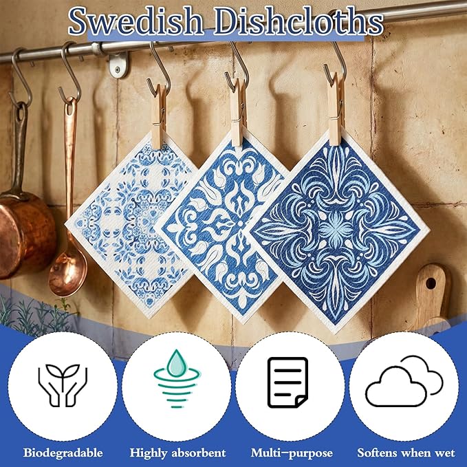 6-Pack Swedish Dish Cloths, Reusable Absorbent Quick-Dry Kitchen Towels, Unwoven Cleaning Cloths for Dishes, Countertops & Bathrooms