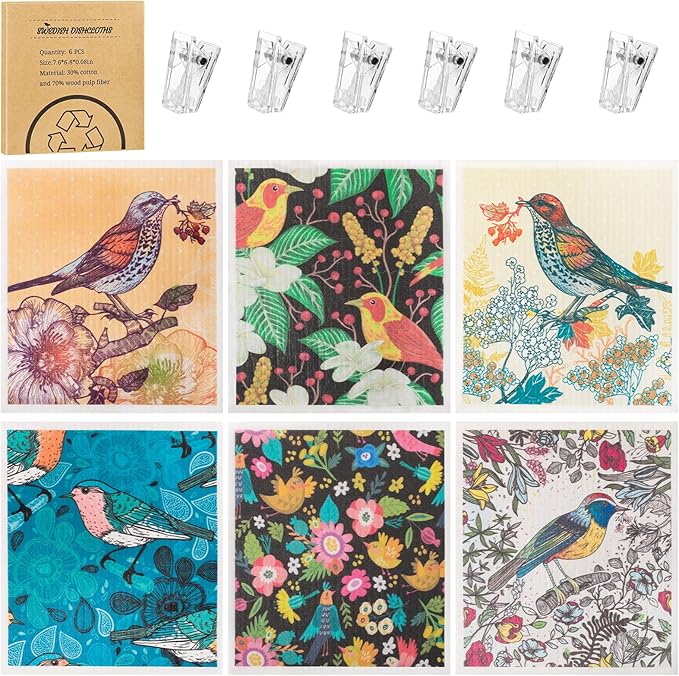 6 Pack Swedish Dishcloths for Kitchen, Swedish Rags Absorbent Retro Bird Dish Cloths Dish Towels with Adhesive Clips, Reusable Paper Towels No Odor for Cleaning Kitchen Valentines Gifts for Women