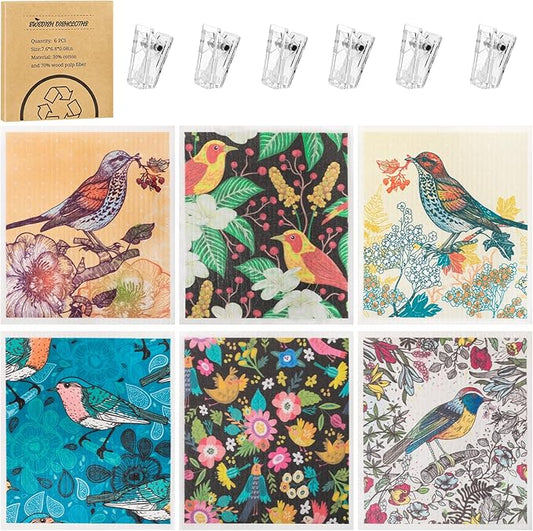 6 Pack Swedish Dishcloths for Kitchen, Swedish Rags Absorbent Retro Bird Dish Cloths Dish Towels with Adhesive Clips, Reusable Paper Towels No Odor for Cleaning Kitchen Valentines Gifts for Women