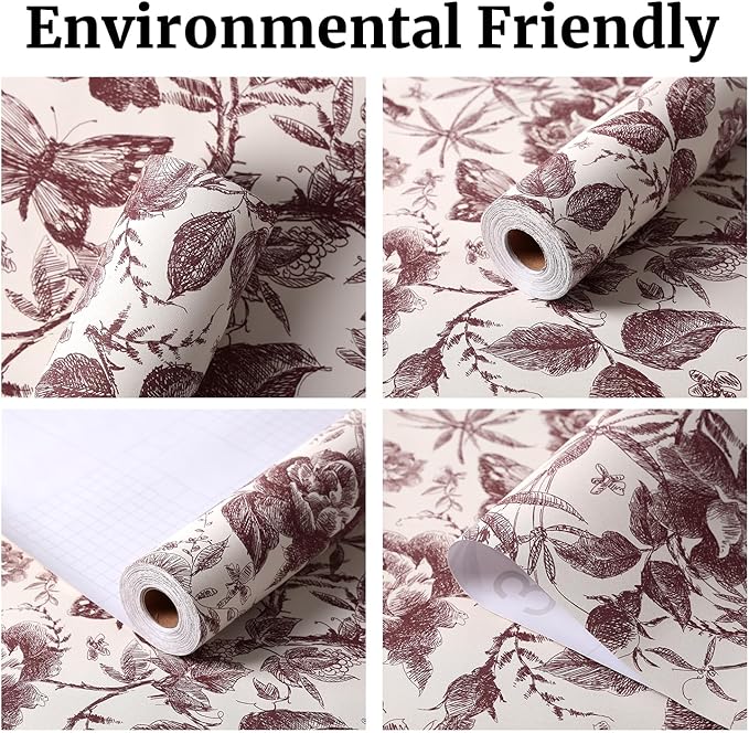 Drawers Liner Contact Paper for Dresser Peel and Stick Wallpaper Sketched Design 15.7x787.4in Self Adhesive Removable Red Maroon Rose Floral Butterfly Vintage Cabinet Shelf Renter Friendly