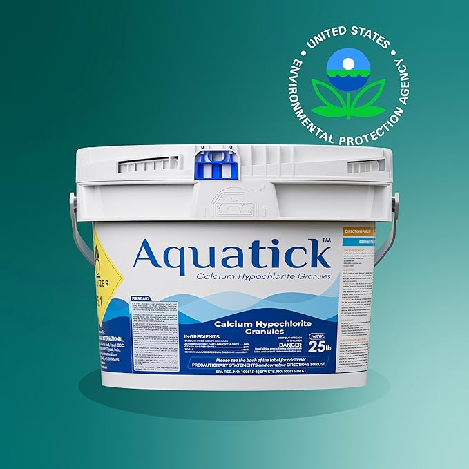 Aquatick Calcium Hypochlorite Pool Shock, 68% Available Chlorine, Non-stabilized granules for Swimming Pools, Designed to Help Control Algae and Maintain Clear Water, 25 lb Bucket