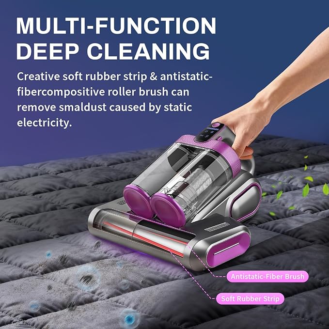 Cordless Mattress Vacuum Cleaner, 16kpa Bed Vacuum Cleaner with 253.7nm Uv-C Light & Ultrasonic Tech Dual Bins for Dust & Widen Suction Port 120w for Bed Sofa & Pet Hair(Purple)