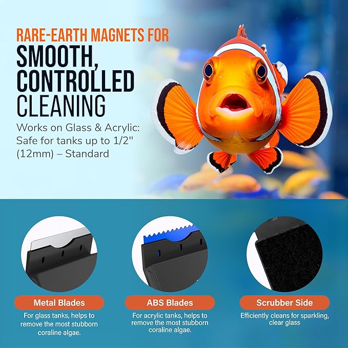 FLIPPER EDGE Standard Magnetic 2-in-1 Aquarium Cleaner for Glass and Acrylic Tanks up to 1/2" (12mm) Thick – Dual Blade Design with Floating Algae Scraper and Cleaning Tool – Black
