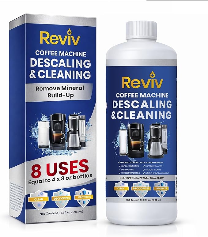 REVIV Descaling Solution for Coffee Machines (8 Uses) – 33.8 fl oz, Compatible with Espresso Machines, Keurig Coffee Machine, Nespresso, Delonghi, Breville – Removes Limescale & Enhances Flavor