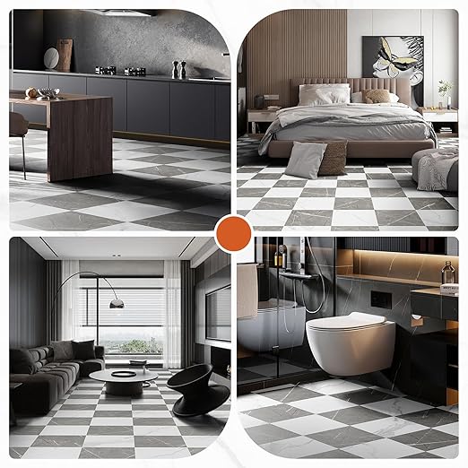 Peel and Stick Floor Tile Vinyl Flooring Roll Self Adhesive 23"x 393"/64 Sq.Ft Linoleum Laminate Flooring Roll Grey&White Marble Color Waterproof Floor Sticker for Home Room Improvement