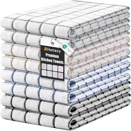 Homaxy Premium Kitchen Towels(16”x 28”, 8 Pack), Large Ring Spun Cotton Dish Towels, Super Absorbent Soft Terry Kitchen Hand Towels, Navy Blue/Grey/Tan/Black