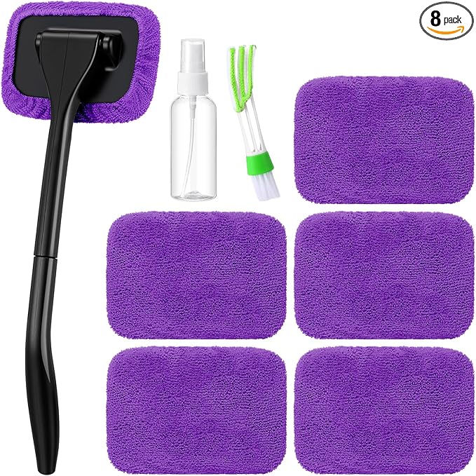8 Pcs Car Windshield Cleaner Tool Kit with Removable Handle, Microfiber Towel Pads, Brush, Empty Spray Bottle for Auto Glass Wiper Suvs Rvs & Home Windows(Purple)