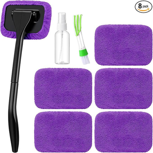 8 Pcs Car Windshield Cleaner Tool Kit with Removable Handle, Microfiber Towel Pads, Brush, Empty Spray Bottle for Auto Glass Wiper Suvs Rvs & Home Windows(Purple)