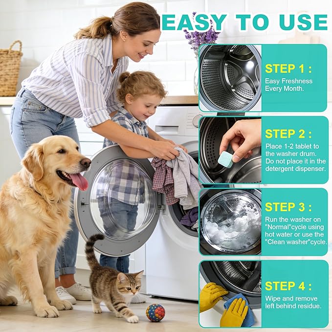 Washing Machine Cleaner Tablets, 30 Pack Deep Cleaning Pods for Front ＆ Top Loader, Natural Formulared for Pet Owners, Heavy Duty, Septic Safe, Over 12 Month Supply, 15G, Blue