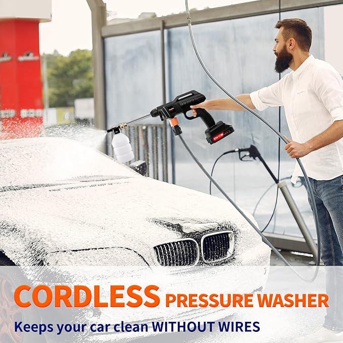 Battery Pressure Washer,1500w Cordless Portable Pressure Washer, 60Bar/870 PSI Portable car Washer with 2 Battery, 2 Nozzles, 5m Hose Cordless Jet Washers, for Cars, Floors, Gardens