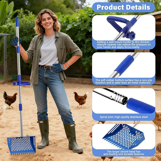 2-in-1 Chicken Poop Scooper & Rake, 10 Inch Coop Sand Sifting Shovel with 37" to 65" Adjustable Stainless Steel Handle, Litter Cleaning Tools with Gloves for Chicken Coop Farm Animals (Blue)