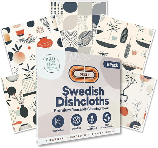 DECEE Swedish dishcloths (Pottery) 5-Pack, Reusable, Washable Cellulose Cotton Kitchen Cloths,Replace Paper Towels, Sponges, Dish Rags
