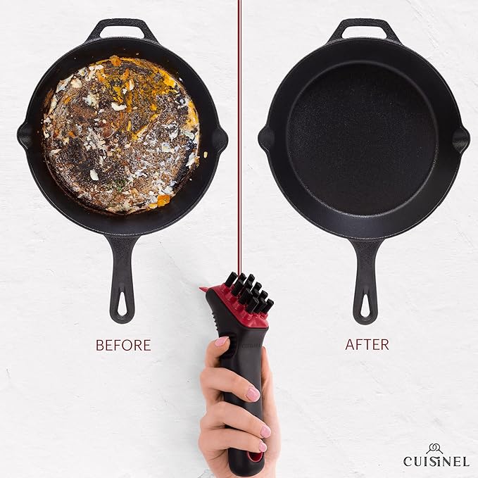 Cuisinel Cast Iron Scrubber Cleaning Brush + Pan/Grill Scraper - Skillet and Grill Cleaner Kit - Soft-Touch Confident-Grip Dish Scrub Tool - Tough on Grease, Gentle on Metal and Non-Stick Cookware