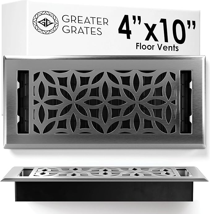 Floor Register 4x10 Vent Cover – Heavy-Duty Steel, Rustproof & Walkable Grates, Easy Drop-in Install, Adjustable Air Supply Switch - Decorative Floral Design, Brushed Nickel