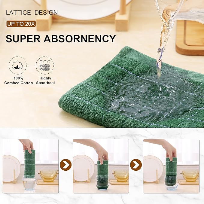 Mordimy 100% Cotton Terry Cloth Kitchen Towels, Super Soft and Absorbent Dish Towels for Drying, Checkered Designed Hand Towels for Kitchen, 16 x 26 Inches, 4 Pack, Grass Green