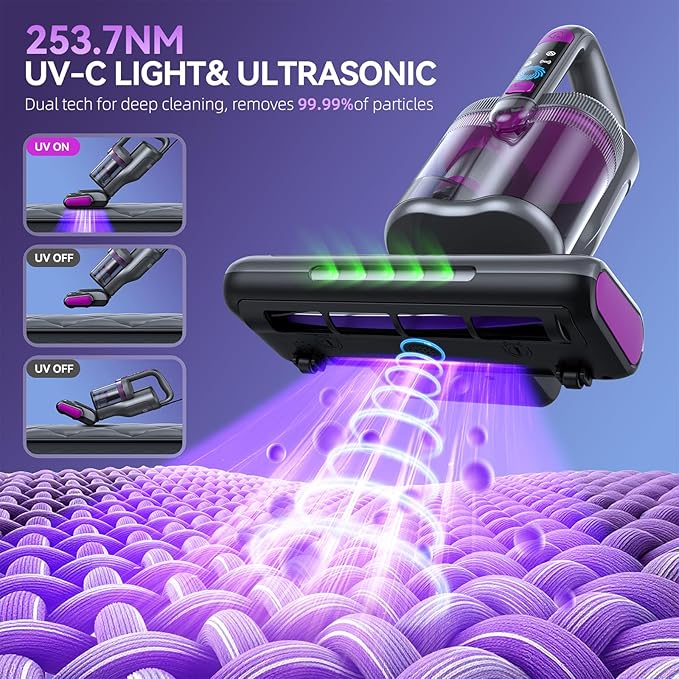 Mattress Vacuum Cleaner, 20Kpa Suction Bed Vacuum Cleaner with 253.7nm UV-C Light, 140°F Heated Air, 30000 RPM Brushroll, 40,000Hz Ultrasonic, HEPA Filter, for Bed, Sofa, 500W Corded(Dark Gray)