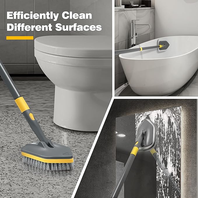 Shower Scrubber with Long Handle for Cleaning, 56" Extendable 3 in 1 Shower Cleaner Brush, Interchangeable Tub Scrub Brush Attachment for Cleaning Bathroom Bathtub Floor Wall