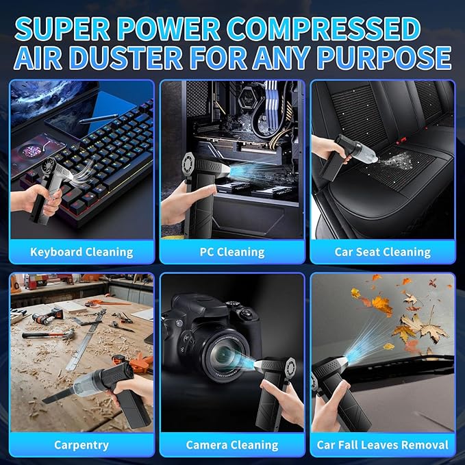 VVICOGARD Compressed Air Duster, 2 in 1 150000RPM Stepless Speed Electric Air Duster and Vacuum Cleaner, 8000mAh Rechargeable Powerful Air Blower for PC, Keyboard, Car, Outdoor