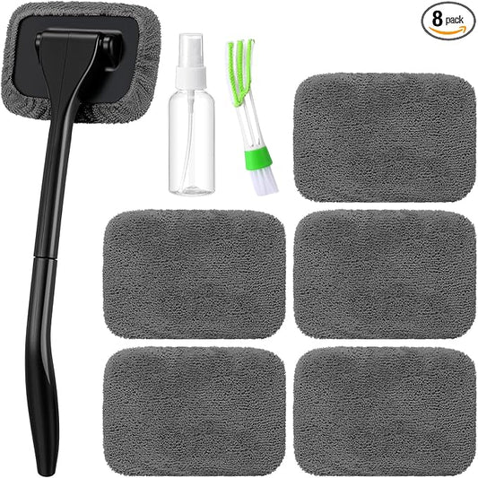 8 Pcs Car Windshield Cleaner Tool Kit with Removable Handle, Microfiber Towel Pads, Brush, Empty Spray Bottle for Auto Glass Wiper Suvs Rvs & Home Windows(Grey)