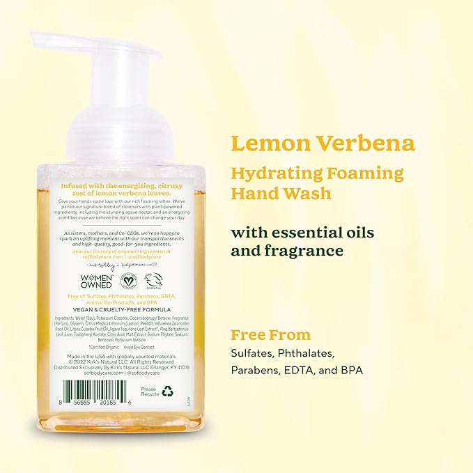 SoF Hydrating Foaming Hand Wash - With Organic Agave Nectar & Coconut Oil- Vegan & Non GMO- Free From Phthalates, Sulfates & Parabens- Lemon Verbena - 8 oz Bottle 3 Pack