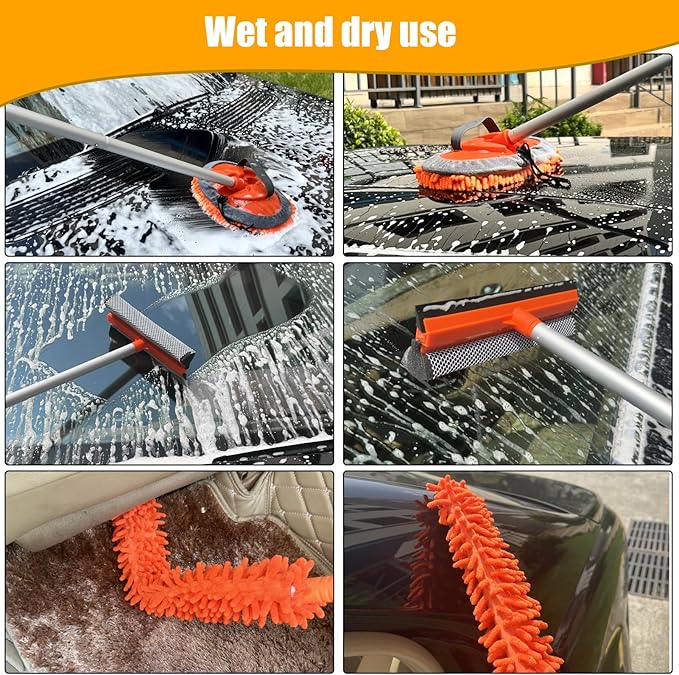 Jaronx 62" Car Wash Brush with Long Handle Car Cleaning Kit,Chenille Microfiber Car Washing Mop,Car Detailing Brushes Kit Wheel Tire Brushes Car Duster Windshield Window Squeegee for Cars RV SUV Truck