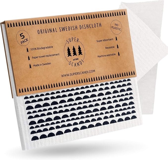 SUPERSCANDI 5 Pack Swedish Dishcloths for Kitchen - 100% Biodegradable & Compostable Reusable Paper Towels Washable, Food-Safe & Without Plastic - Dish Rags Suitable for Any Surface, Moon Black