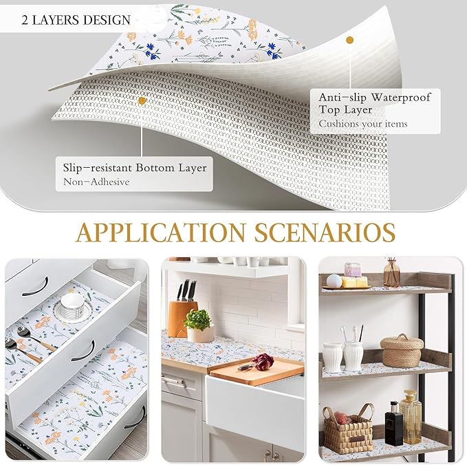 Beautysaid Shelf and Drawer Liner for Kitchen Cabinet, Non Adhesive Non Slip Shelf Paper Waterproof Washable Thickened for Dresser Pantry Shelve Bathroom Protector Liner(Floral,12 in x 10 FT)