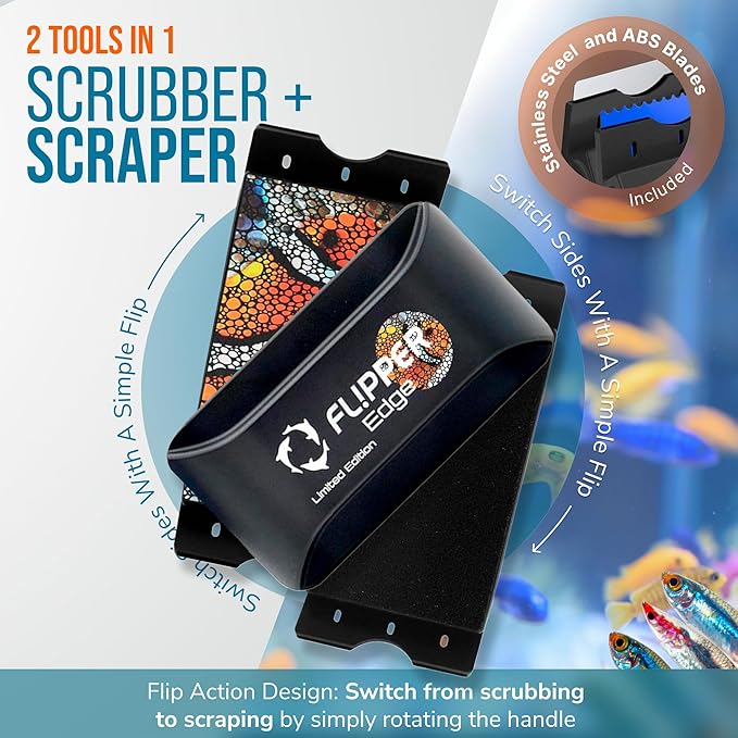 FLIPPER EDGE Standard Limited Edition Clownfish Magnetic 2-in-1 Aquarium Cleaner for Glass and Acrylic Tanks up to 1/2" (12mm) Thick – Dual Blade Design with Floating Algae Scraper and Cleaning Tool