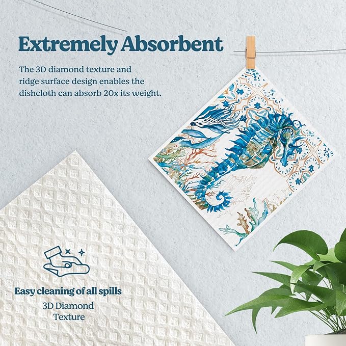 Swedish Dishcloths for Kitchen, Summer Coastal Ocean Seahorse Beach Decor Kitchen Dish Towels for Washing Dishes, 4 Pack Reusable Paper Towels, Sponge Cloths for for Home Cleaning Cooking