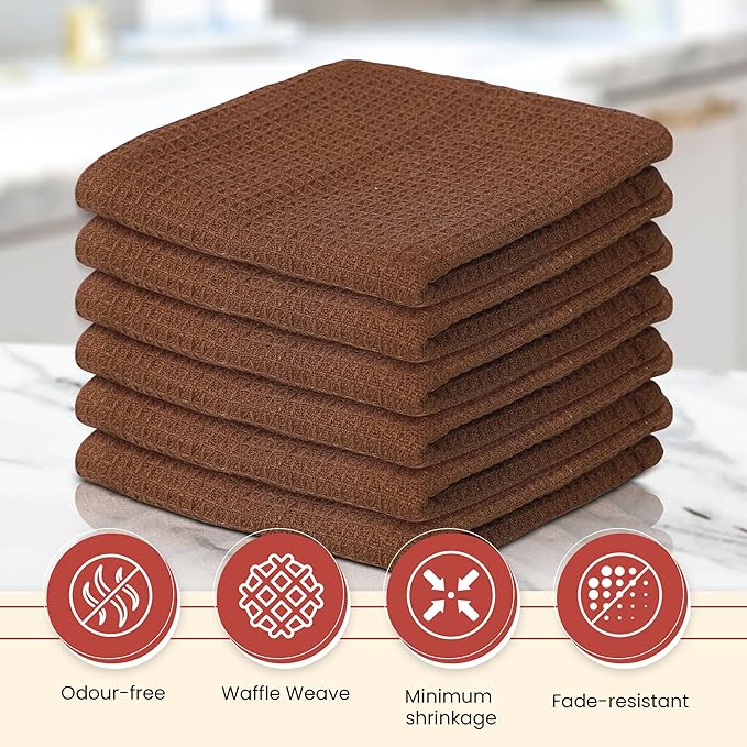 Vintage Vista 100% Cotton Waffle Dish Cloths (Pack of 6) - Dish Rags for Washing Dishes - Reusable & Highly Absorbent Kitchen Towels - Kitchen Rags for Christmas - (12" x 12" - Brown)