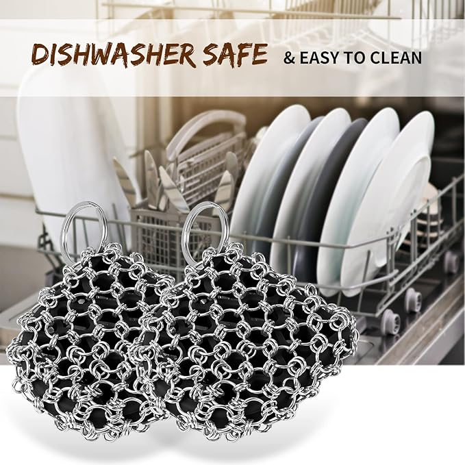 Herda Cast Iron Scrubber Tool Kit,2Pack Cast Iron Skillet Cleaner Cleaning Care Kit 316 Chain Mail Scrubber, Steel Skillet Brush Plastic Pan Scraper Set for Grill Griddle Pot Dish Food