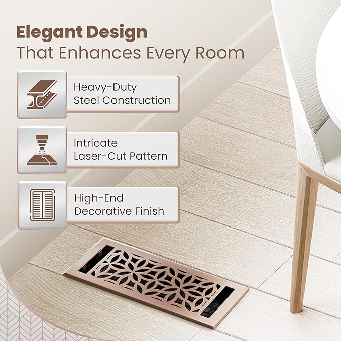 Floor Register 4x10 Vent Cover – Heavy-Duty Steel, Rustproof & Walkable Grates, Easy Drop-in Install, Adjustable Air Supply Switch - Decorative Floral Design, Satin Bronze