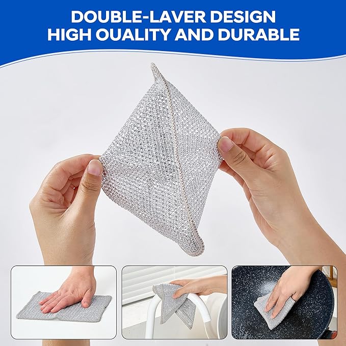 Non Scratch Wire Dishcloths-Upgraded Multiple-Layer Steel Wool Dish Rags Multipurpose Wire Dishwashing Rags Quick-Dry Odor-Free Wire Cloth Cleaning Rags Home Essentials Tools Size (7.87 x 7.87)25 PC's